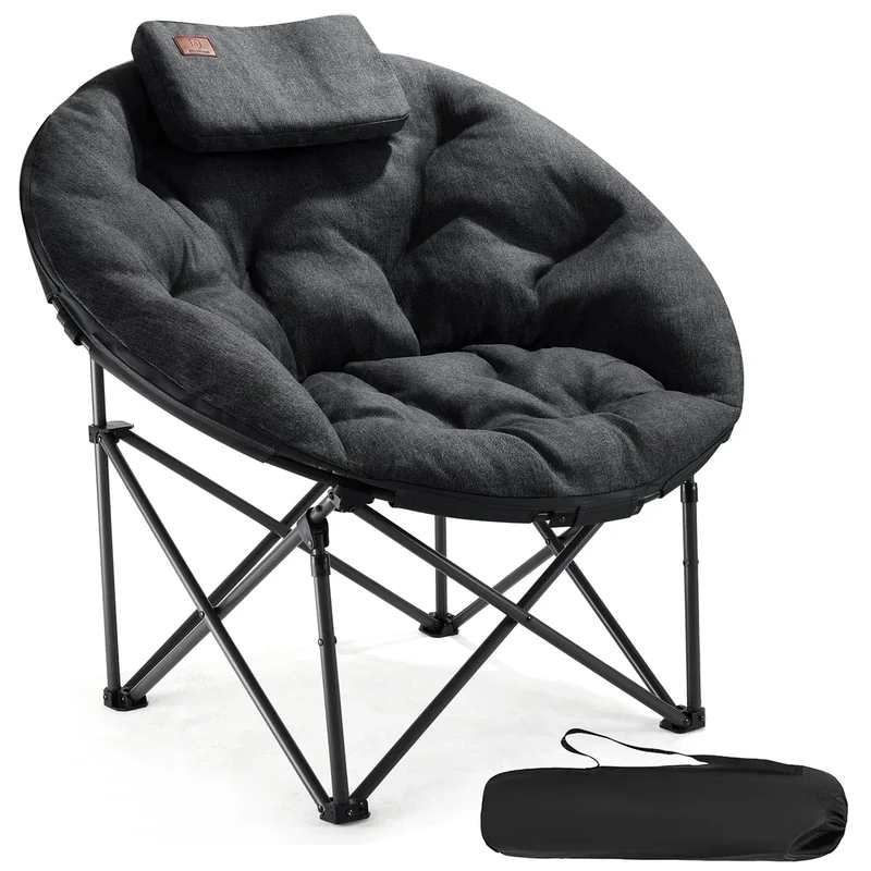EVER ADVANCED Luxus Moonchair XXL Campingstuhl Faltbar 150KG Belastbar Rund Klappstuhl Dick Gepolstert, Übergroßer Campingsessel Extra Breit für Outdoor Camping Garten Balkon Indoor, Schwarz