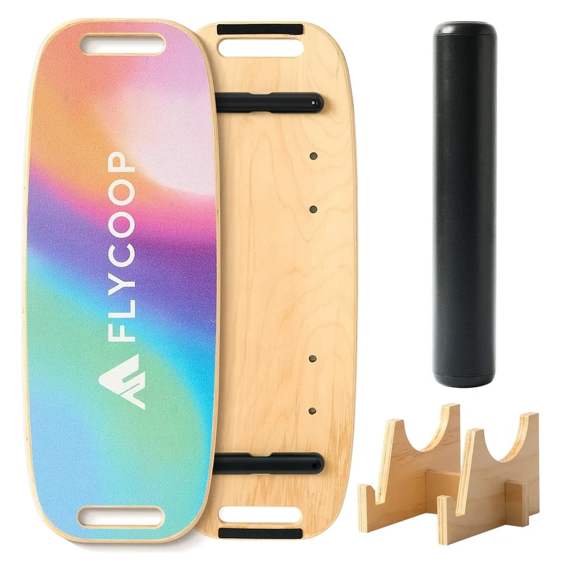 Balance Board, Flycoop Balance Board Erwachsene Balancierbrett Holz Indoorboard Surf Skateboard Indoor Surfboard Trickboard Gleichgewichtsboard inkl. Rolle, Halterung (Regenbogenfarben)