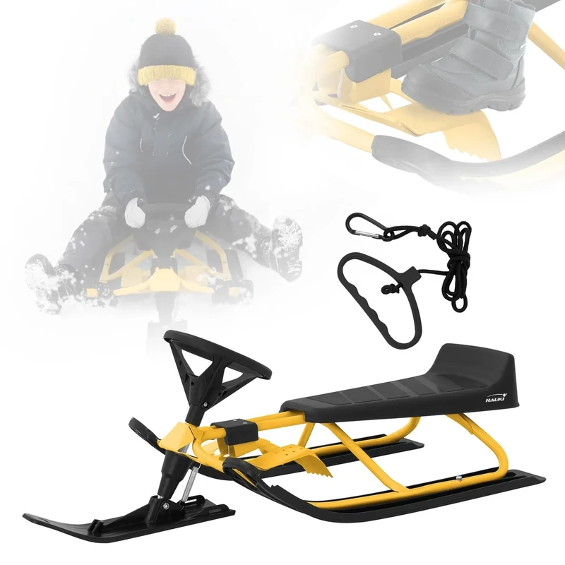 ECD Germany Lenkschlitten in Gelb, Kinderschlitten Rodel ab 5 Jahre, Skibob für Kinder/Erwachsene bis 90 kg, Schlitten mit Lenkrad, Fußbremse, Zugseil, Sitz mit Rückenlehne, Stahlrahmen, 119x38x50 cm
