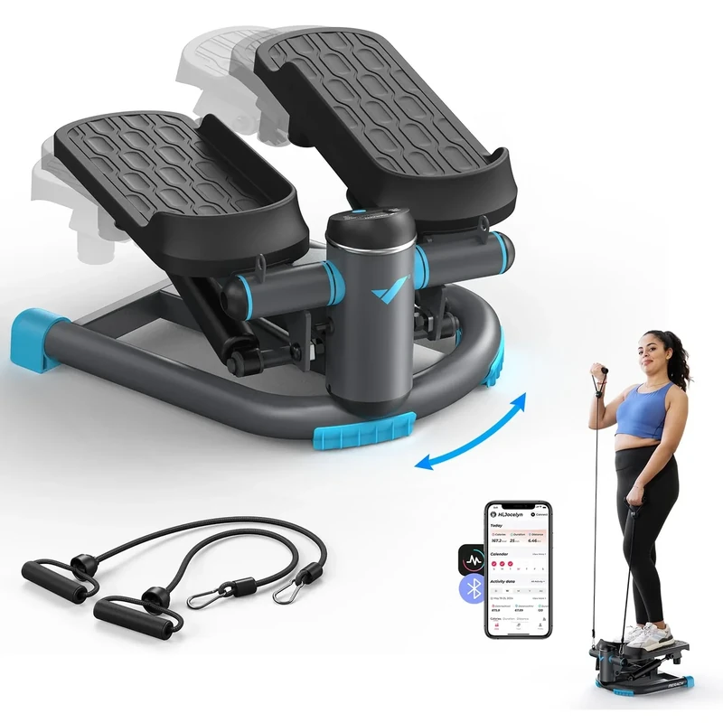 MERACH Mini Stepper Fitness 2 in 1 für zu Hause, leise Twister 150 kg mit LCD-Display und Widerstandsbändern, für Training von Beinen, Armen und Gesäß