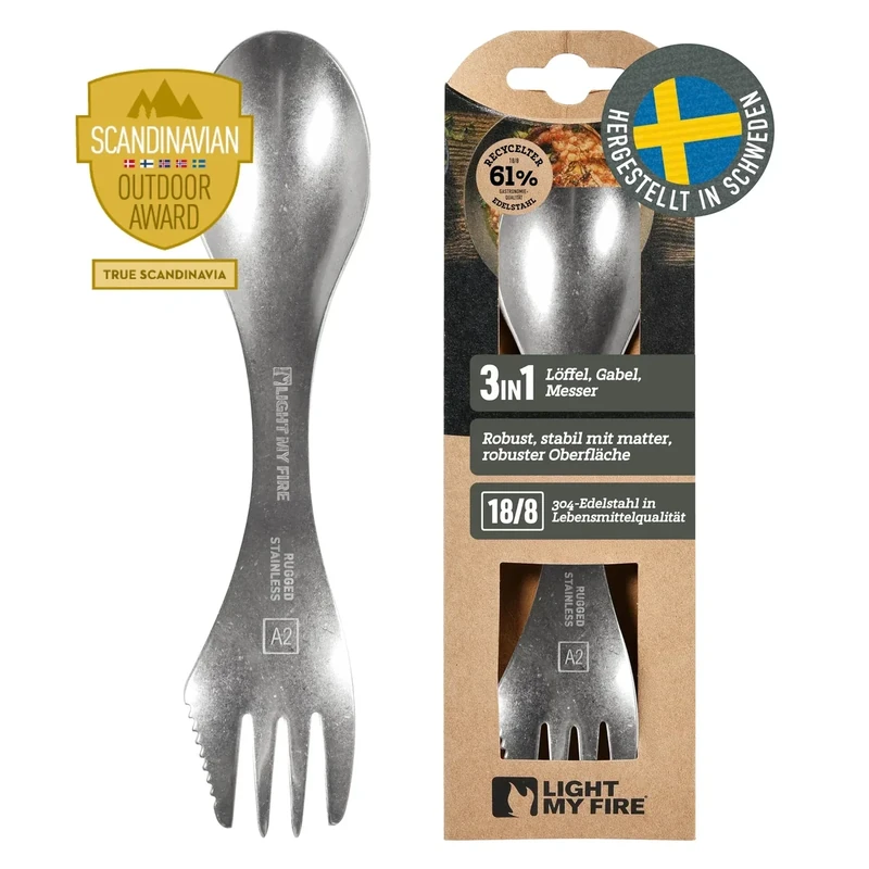 Light My Fire Göffel Edelstahl Spork, langlebiges Campingbesteck Edelstahl 18/8 aus Schweden, 3-in-1 Reisebesteck mit Löffel Gabel Messer, Outdoor Besteck Camping Geschirr - Leicht und Robust