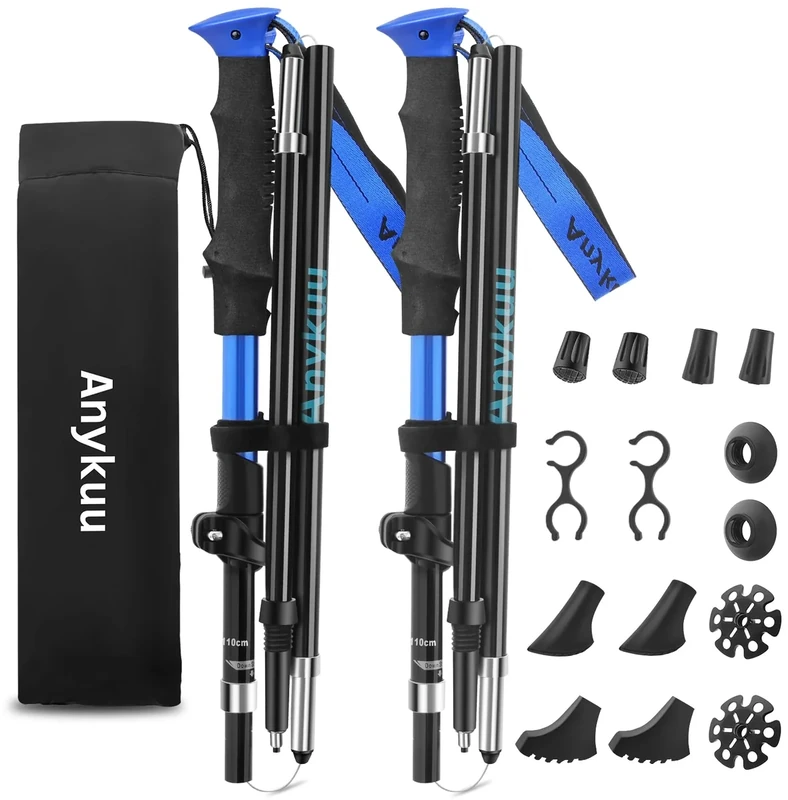 Anykuu Wanderstöcke 2PCS Verstellbar 110-130cm Walking Stöcke 7075 Aluminium Ultraleichte Trekkingstöcke mit 6 Paar Zubehör Hiking Poles für All Terrain Walking Poles zum Wandern Skifahren