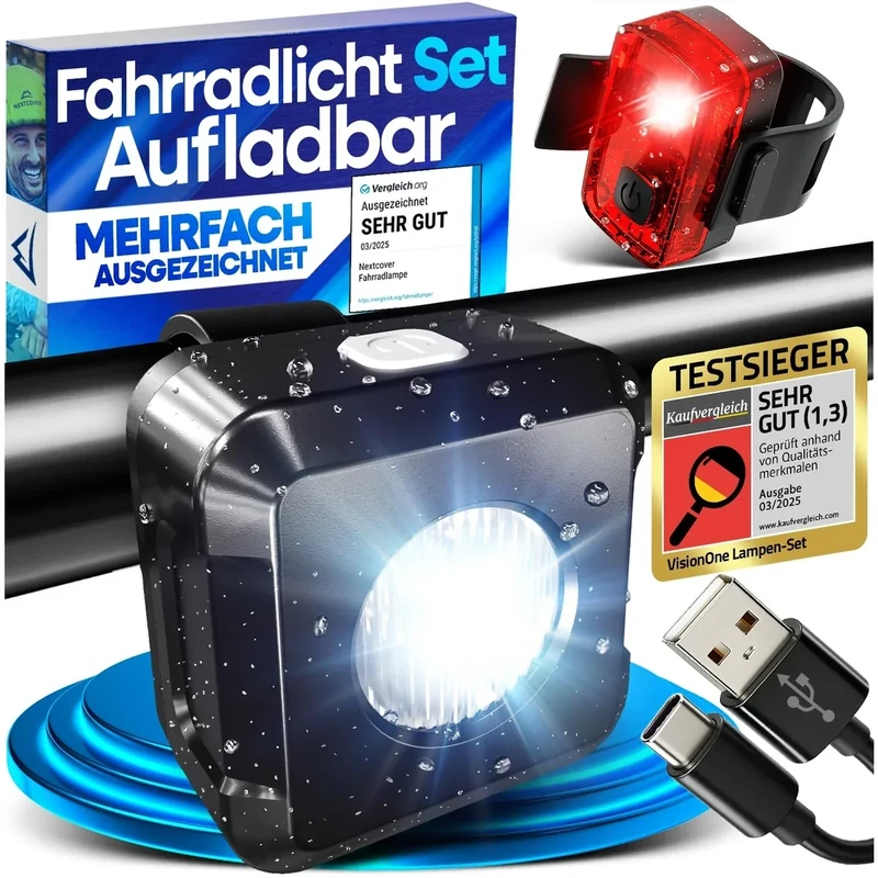 NEXTCOVER® Fahrradlicht Set mit [VisionOne] LED Set I USB-C aufladbar & wasserdicht I StVZO zugelassen I Fahrrad Licht vorne I Fahrradlampe & Fahrrad Rücklicht, Fahrradbeleuchtung Akku, Licht Fahrrad