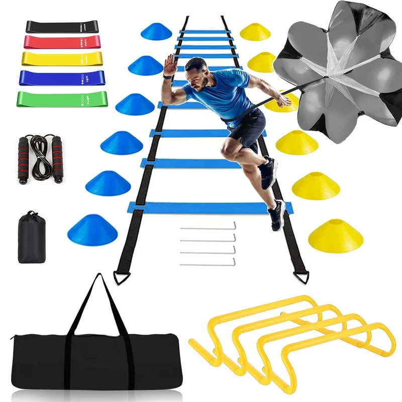 BJNCDIO Fussball Trainingszubehör, Koordinationsleiter 6m mit 12 Hütchen, Abnehmbar Hürden, Springseil, Widerstandsbänder, Widerstandsschirm,Fussball Trainingsset,Fussball Geschenke Jungen (Blau)