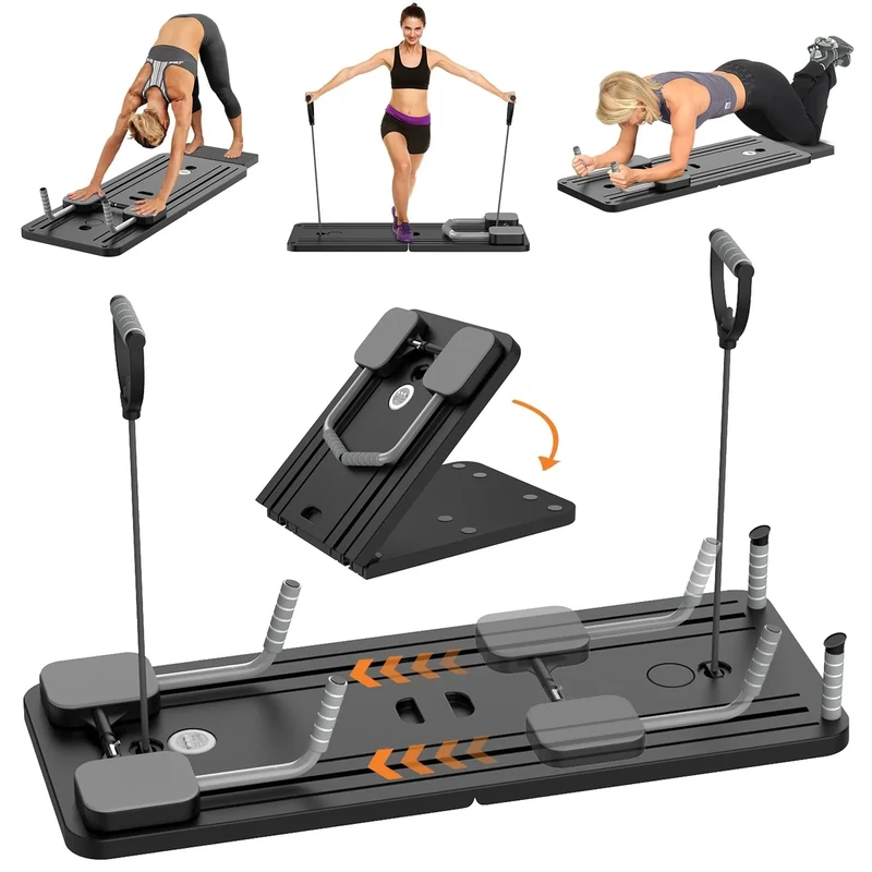 Pilates Reformer Set, 5 in 1 Pilates Reformer Maschine für Zuhause Mit LED-Zähler und Handyhalterung, Multifunktionales Bauchmuskel Brett für Zuhause und Fitnessstudio, Tragbar Faltbar (Schwarz)