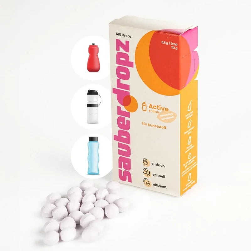 Sauberdropz Active für Kunststoff – Trinkflaschen Reinigungstabletten 140 Dropz, MADE IN AUSTRIA, Ideal für Trinkflaschen, Sportflaschen, Kannen aus Kunststoff für die einfache Flaschenreinigung - Image 1