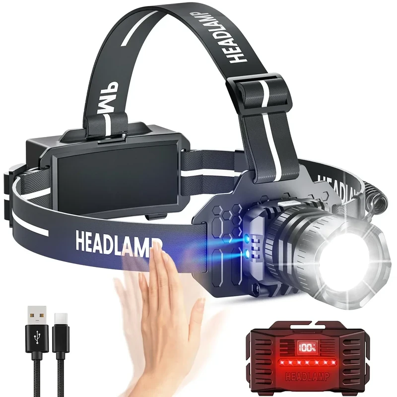 Stirnlampe Led Wiederaufladbar,Stirnlampe Led 50000 Lumen, 8 Modi & Rotlicht, Kopflampe mit Gestensensor 5200mAh Kapazität Akku,IPX6 Wasserdichte, Perfekt für Arbeit, Outdoor, Camping [A+++]