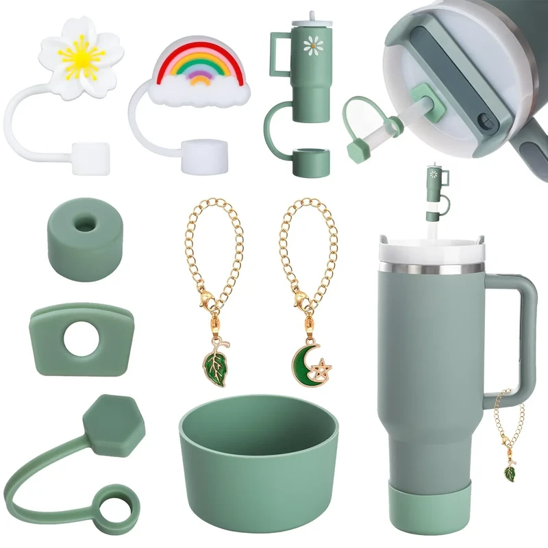Yuecda 9 Stück Stanley Cup Zubehör,einschließlich Silikon-Schutzhülle, auslaufsicherem Stopfenset, Strohhalmabdeckung, hängendem Schmuck, geeignet für Stanley Cup1,2 l und 850 ml (Shale)