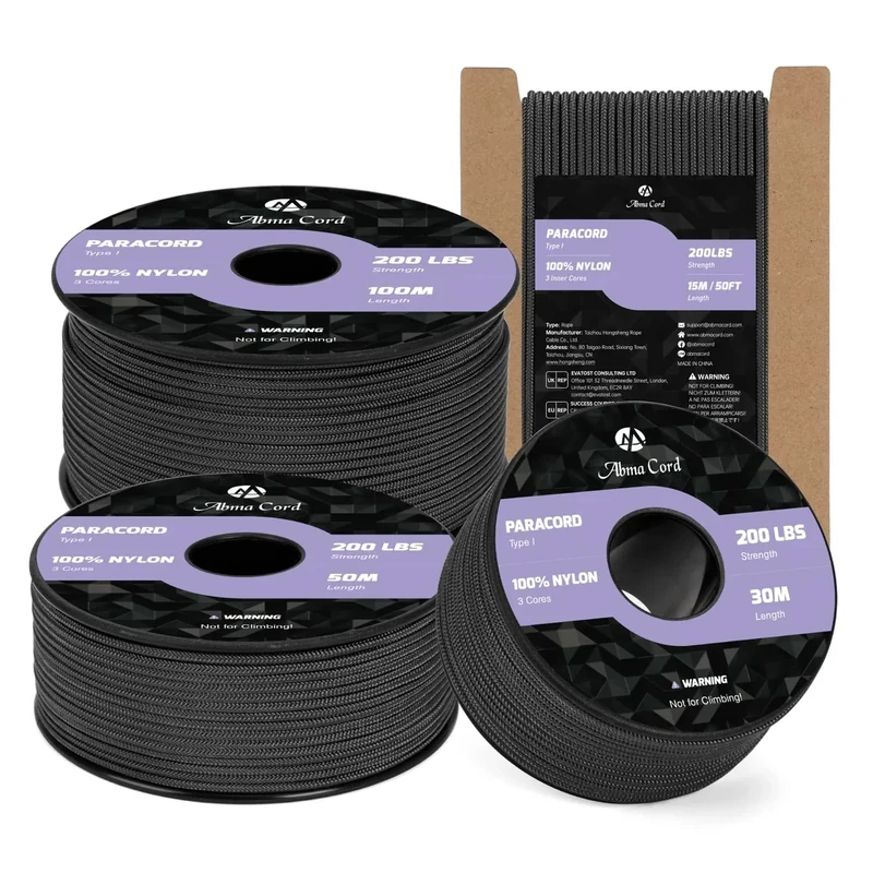Abma Cord Paracord 2mm 50m Nylonschnur 3 Kern Seil Typ I Schnur für Basteln, Camping, Outdoor - Max. 90kg (200lbs) - Schwarz