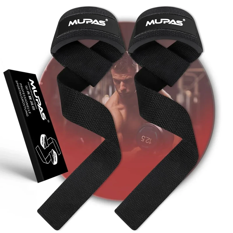MUPAS Zughilfen für Krafttraining & Bodybuilding (gepolstert) – Profi Lifting Straps 58.5cm Länge–Rutschfestes Silikon– Gym Straps für Fitness,Kreuzheben,Weightlifting (Basis-Schwarz)