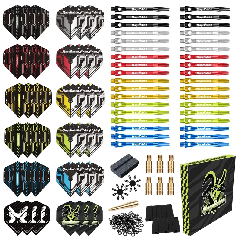 MageRabbit Dart-Zubehör-Set, 36 Dart-Flights, 45 Schäfte, Schärfer, Entferner, 50 Metallringe, 16 Flugschützer, insgesamt 11 Arten von Dart-Zubehör (Aluminium)