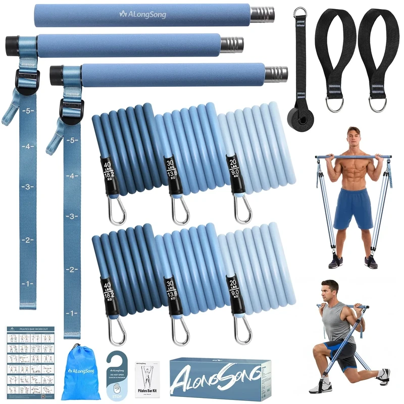 ALongSong Fitnessbänder Pilates Bar Set mit 6 Widerstandsbänder 20-180Lbs & Pilates-Stange, Griffe, Türanker für Fitness/Yoga/Kniebeugen/Stretching/Figurformung-Korallenrosa