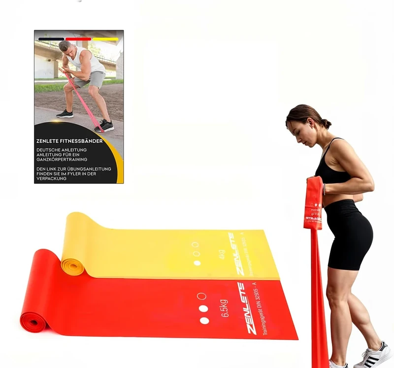 zenlete Fitnessbänder 2er Set Gelb Rot 2,5 m lang – Widerstandsbänder Muskelaufbau, Yoga, Pilates & Physiotherapie, Original Fitness-Band Gymnastikband, extra langes Trainingsband