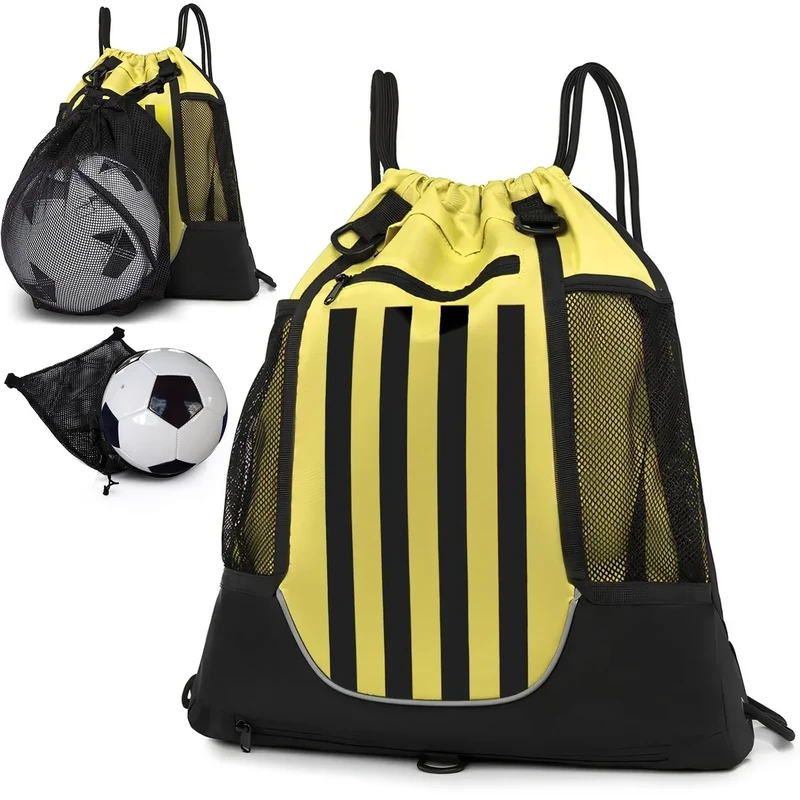 STAY GENT Drawstring Basketball Rucksack für Kinder Jugendliche Erwachsene, Foldable Fußball Volleyball Sporttasche mit Abnehmbarem Ball-Netztasche für Turnhalle Yoga Wandern, Gelb Schwarz Streifen