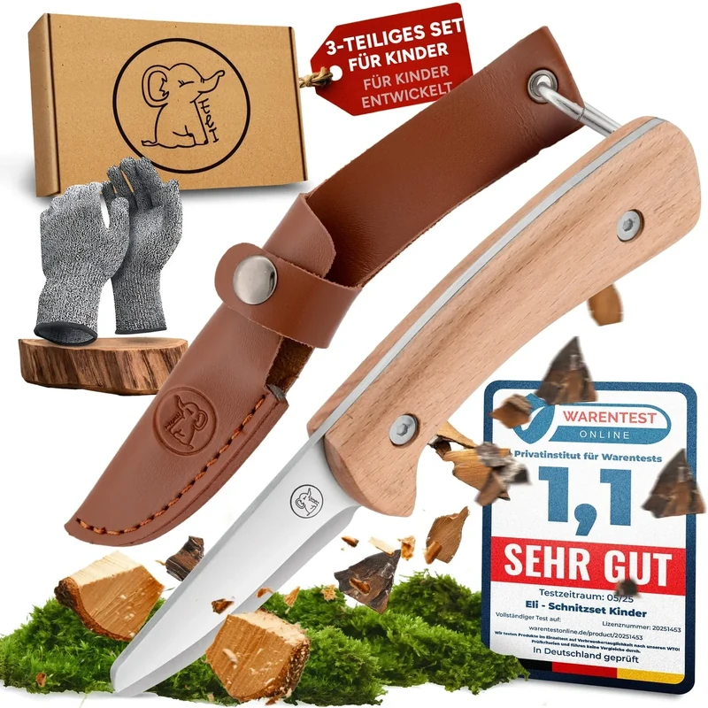 Eli® Schnitzmesser für Kinder mit Ledertasche ab 8 Jahre - hochwertiges Kindermesser Schnitzset inkl. schnittfeste Handschuhe - Kinderschnitzmesser - Schnitzwerkzeug - Outdoor Messer