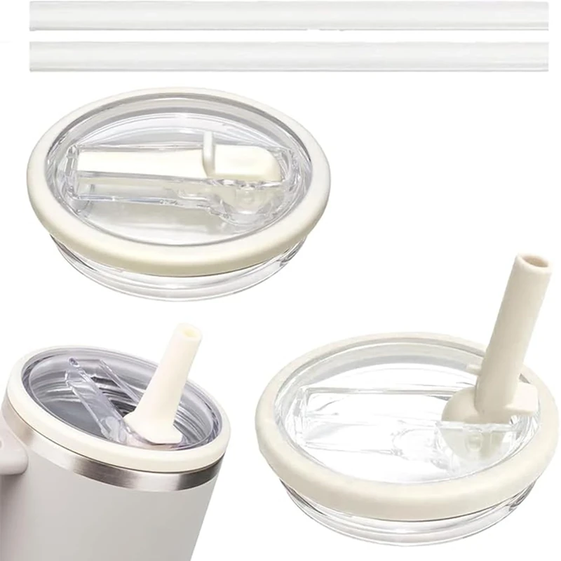 Stanley Cup Deckel Auslaufsicher, 2 Stück Ersatzdeckel für Stanley Cup 40oz mit 2 Strohhalm, Wiederverwendbarer Auslaufsicher Deckel für Stanley Cup Zubehör - Weiß