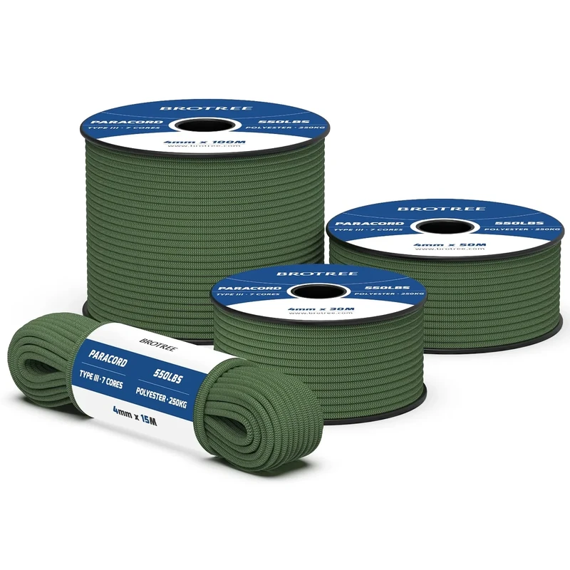 Brotree 550 Paracord 4mm 15m Schnur 100% Polyester Seil Reißfest Typ III 7 Kern für Armbänder, Basteln, Outdoor, Camping, Survival - Waldgrün