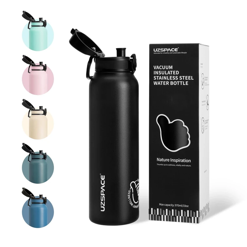 UZSPACE Edelstahl Trinkflasche 1l (970ml), Isolierte Thermosflasche mit 1-Klick-Öffnung, 100% Auslaufsicher, Sport Wasserflasche für Wandern Sport Fitness Gym Outdoor, Schwarz