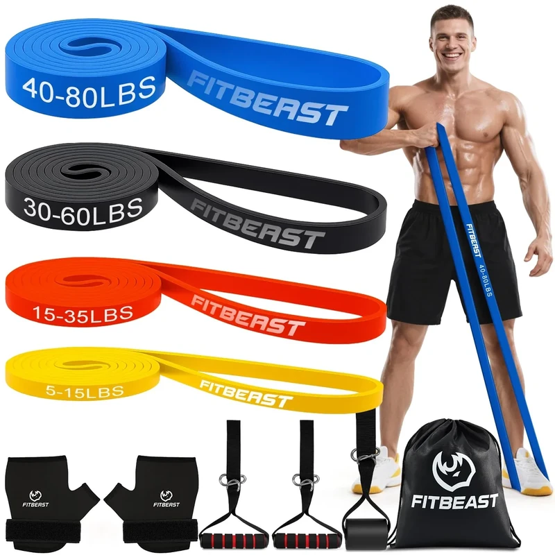 FitBeast Widerstandsbänder Set 4er, Trainingsband/Stretchband mit Griffen & Türanker für Klimmzughilfe, Heimtraining & Muskelaufbau (4-Teiliges Set 5-80 lbs)