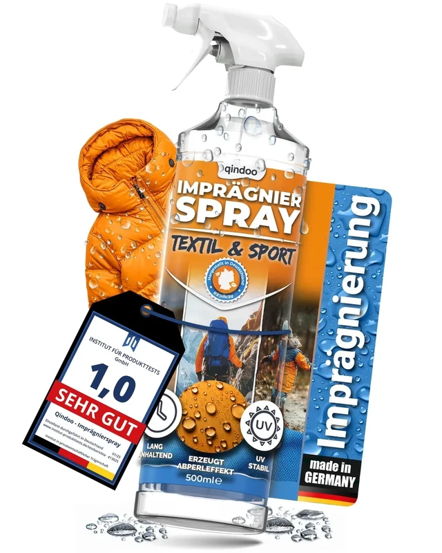 Qindoo Textil Imprägnierspray Jacke 500 ml gegen Regen & Schmutz für Jacken, Outdoor, Sport Textilien I effektive Versieglung I Imprägnierung für Textilien mit Bester Waschbeständigkeit (0,5 Liter)