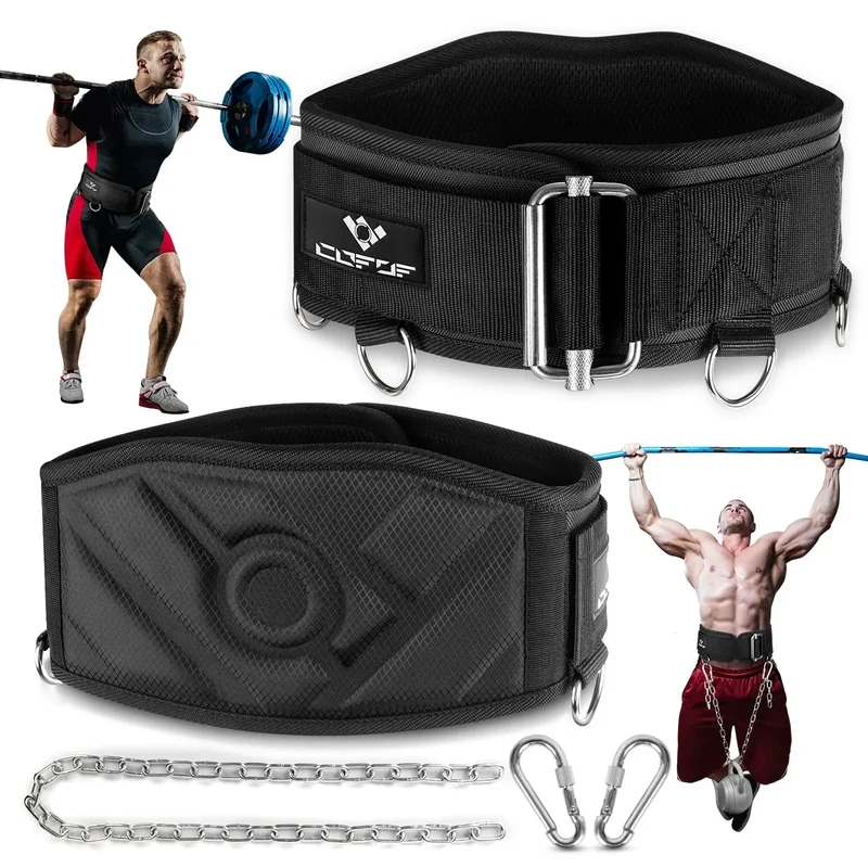COFOF 2 IN 1 Dip Gürtel, Selbstverriegelnde Sicherheitsschnalle Gewichtsgürtel mit 103cm Lange Kette und 2 Karabiner, Klimmzug Gürtel für Bodybuilding, Krafttraining, Gewichtheben (Schwarz, L)
