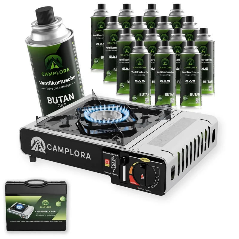 CAMPLORA Gaskocher + 16 Gaskartuschen + Tragekoffer mit Piezozündung - Campingkocher 2,2 kW - inkl. Sicherheitsabschaltung - Gaskocher Camping, Camping Kocher 1 flammig MSF-1a