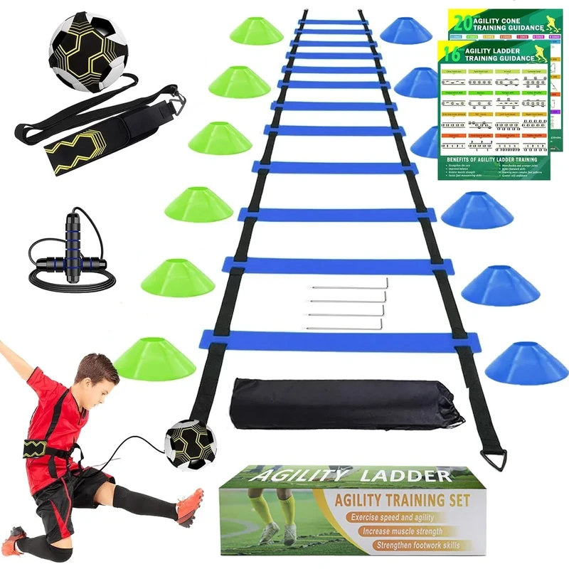 BJNCDIO Fussball Trainingszubehör, 6m Koordinationsleiter, 12 Hütchen, Fußballtrainer und Springseil, Fussball Trainingsset Sachen, Fußball Geschenke für Jungs Kinder (Blau 2)