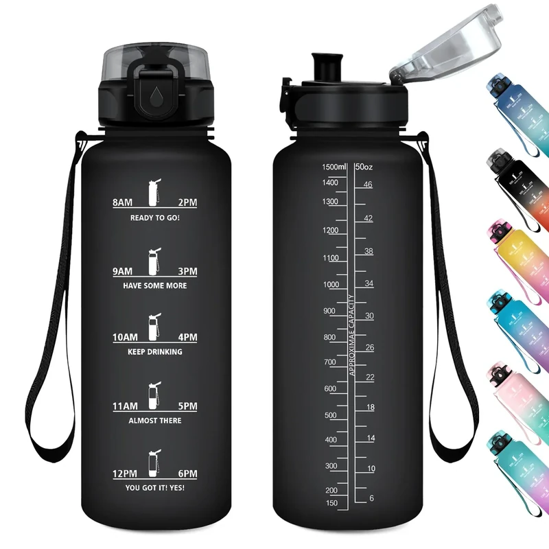 Trinkflasche Sport 1.5L, Wasserflasche Sport Auslaufsicher mit Zeitmarkierung, Trinkflasche mit Filter, Trinkflaschen Kohlensäure Geeignet, Sportflasche für Fitness, Gym, Schule, Outdoor, Yoga