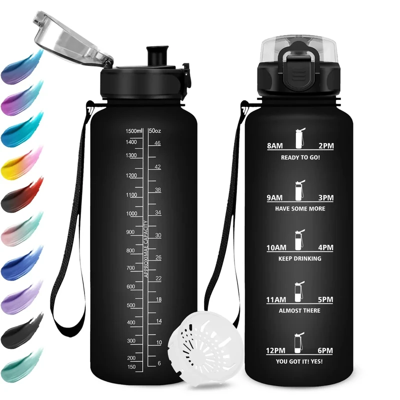 Trinkflasche Sport 1.5L, Auslaufsicher Wasserflasche Kohlensäure Geeignet, Trinkflasche mit Zeitmarkierung, Wasserflasche mit Filter, Sportflasche für Oudoor, Sprudel, Camping, Fahrrad, Fitness