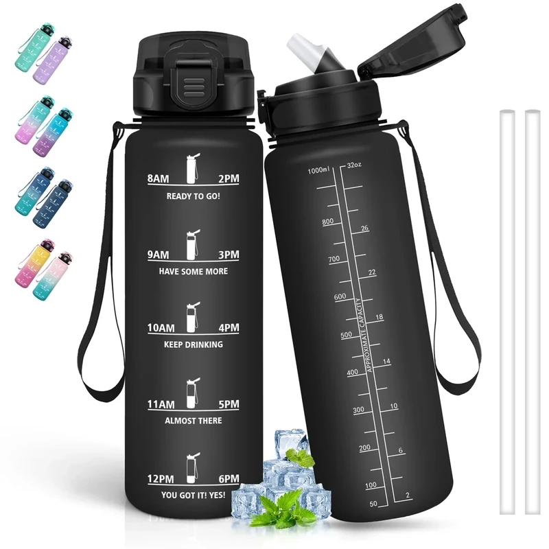 Trinkflasche 1l, Wasserflasche mit Strohhalm, Trinkflasche Sport, Kann mit Dir Tragen, Trinkflasche mit Zeitmarkierung, Trinkflasche Auslaufsicher, Wasserflasche für Running, Camping, Wandern, Schwarz