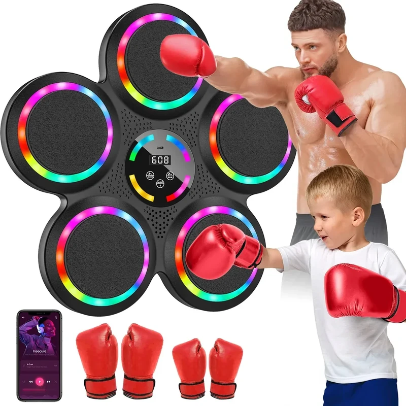 Music Boxing Machine, Elektronische Boxmaschine mit Musik, 2 Paar Boxhandschuhen, Farblichter, Bluetooth, 9 Geschwindigkeits und Trainingsmodi, Zählmodus, Musik Box Maschine für Erwachsene und Kinder