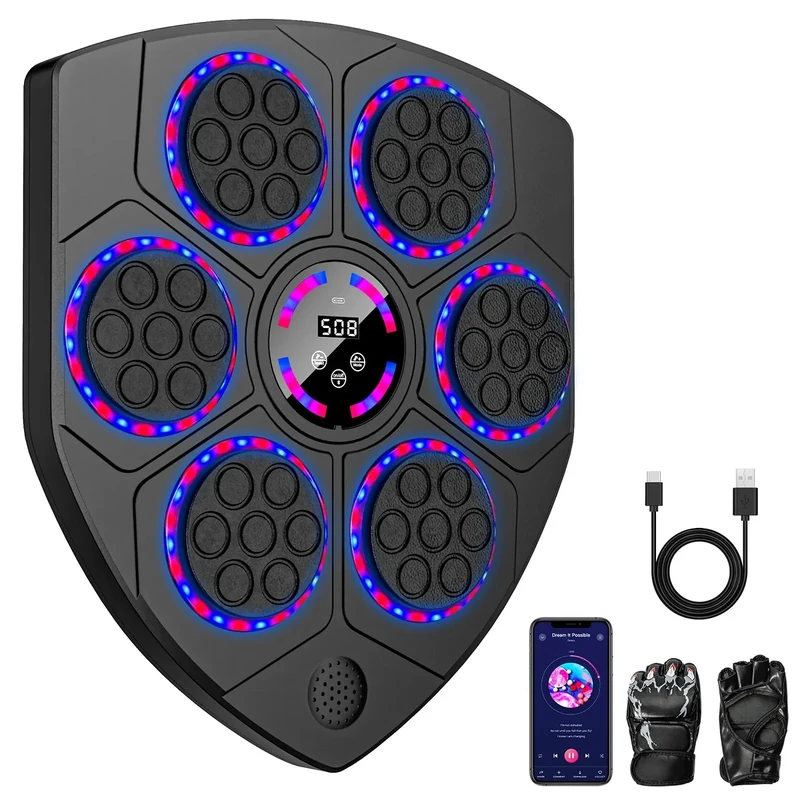 Music Boxing Machine, Musik Boxmaschine mit Boxhandschuhen, LED Licht, 9 Geschwindigkeiten, 9 Trainingsmodi, Automatische Zählung, Unterstützt Bluetooth, Wandmontiertes Boxziel für Erwachsene Kinder
