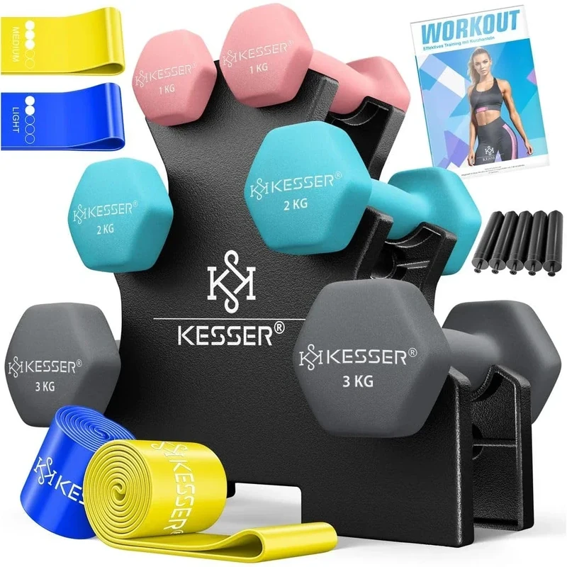 KESSER® Hantel-Set, 3 Paar, 1kg - 5kg, 12kg oder 18kg kurzhanteln mit Ständer Aufbewahrung, Fitnessstudio, Krafttraining, Hantelset rutschfeste Neopren, Mit Übungsheft, 2x Fitnessbänder