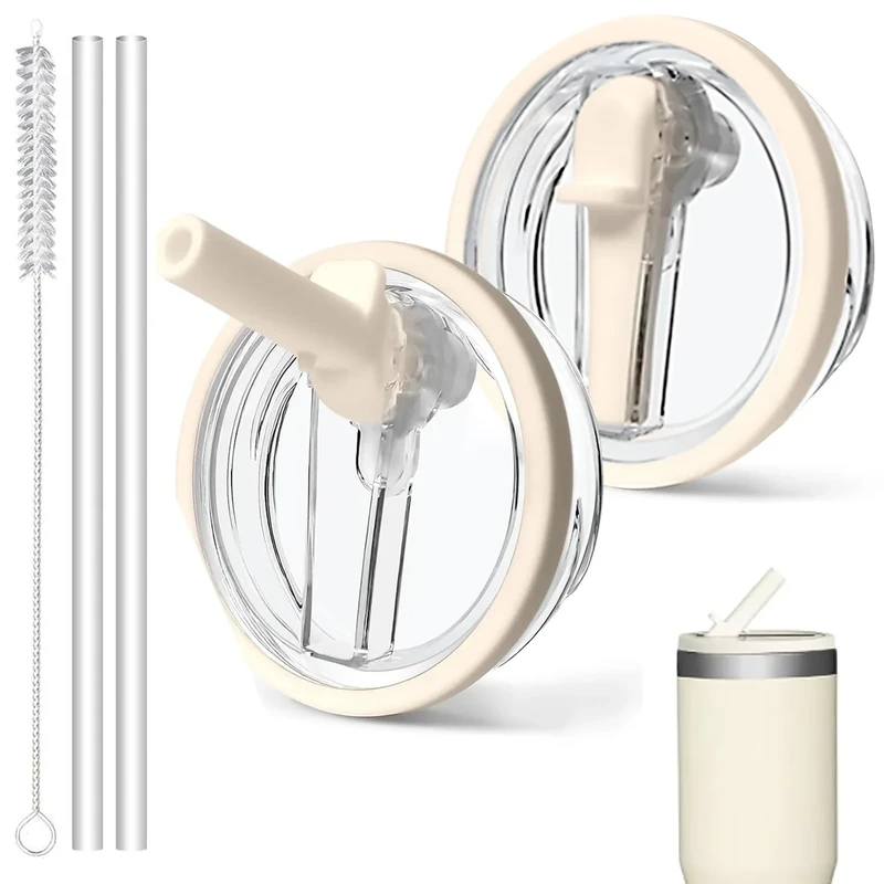 YUJUVI Deckel für Stanley Cup 40oz 2 Stück Ersatzdeckel Stanley Cup mit 2 Trinkhalmen und 1 Strohhalm-Bürste Auslaufsicherer Wasserdichter Dichter Lid (Beige)