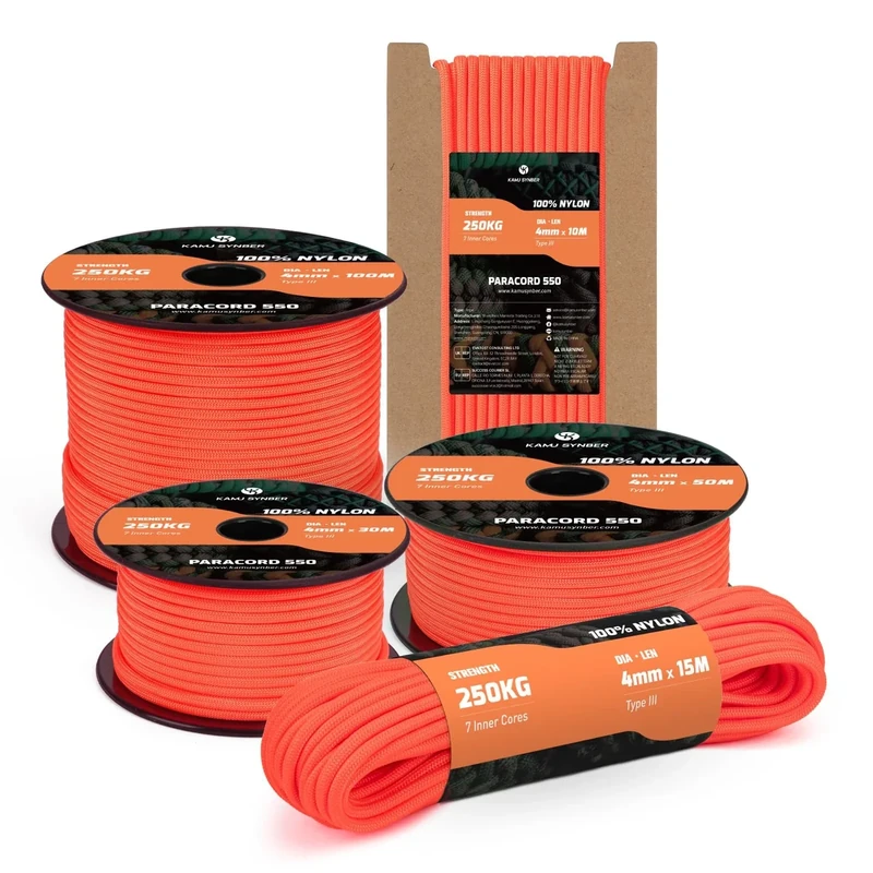 Kamu Synber 550 Paracord 4mm 10m Typ III Schnur 7 Stränge Nylon Seil Fallschirmschnur für Basteln, Outdoor, Camping, Survival | Tragkraft 250kg | Neonorange