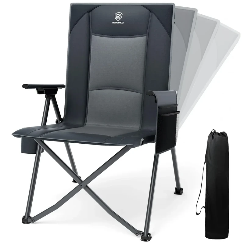 EVER ADVANCED Campingstuhl Faltbar Rückenverstellbar in 4 Positionen 160KG Belastbar, Klappstuhl Recliner Campingstuhl Klappbar mit Seitentasche & Getränkehalter, Angelstuhl für Camping Garten Balkon