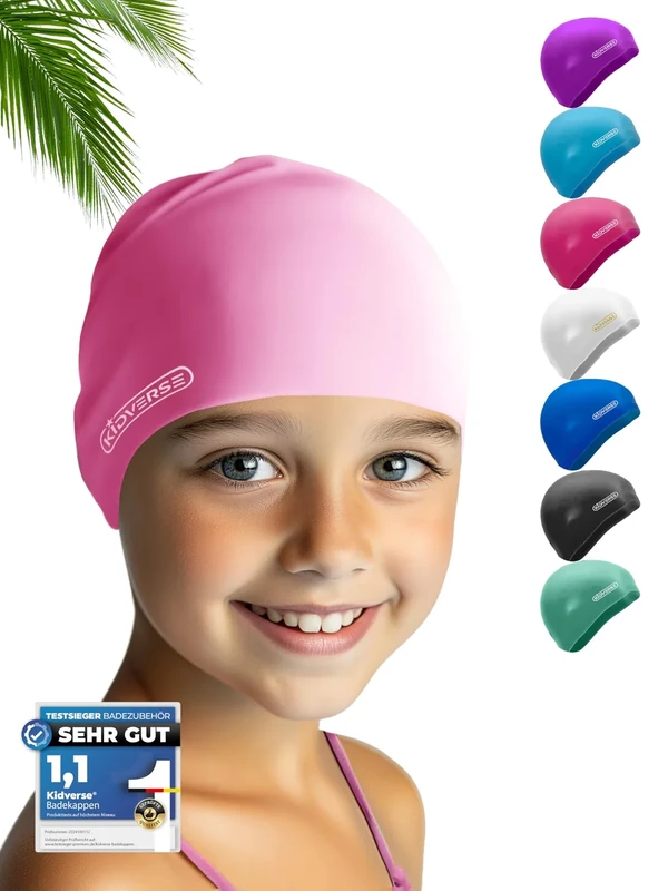 KIDVERSE Badekappe Kinder wasserdicht - Schwimmhaube Kinder mit Anti-Rutsch-Noppen - Badekappen für Schwimmer mit UV Schutz - Schwimmhaube Mädchen - Reißfeste Badehauben in verschiedenen Größen