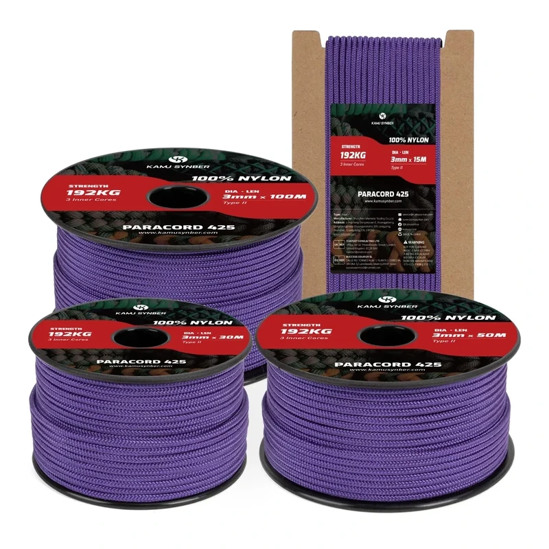 Kamu Synber Paracord 3mm x 15m Paracord 425 100% Nylon Seil Typ II Schnüre mit 3 Kern für Basteln, Outdoor, Camping, Survival | Tragkraft 192kg | Violett