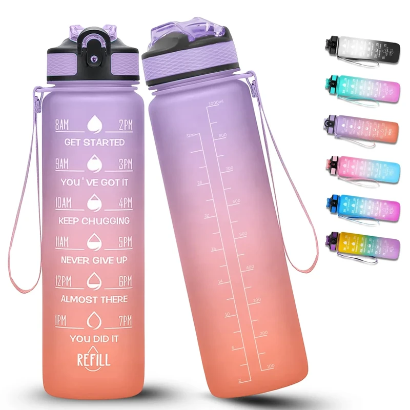 BierEx Trinkflasche 1L, BPA-Frei Tritan Wasserflasche mit Strohhalm, Sport water bottle mit Zeitmarkierung für Fitness, Schule, Yoga, Outdoor (Lila-Rosa)