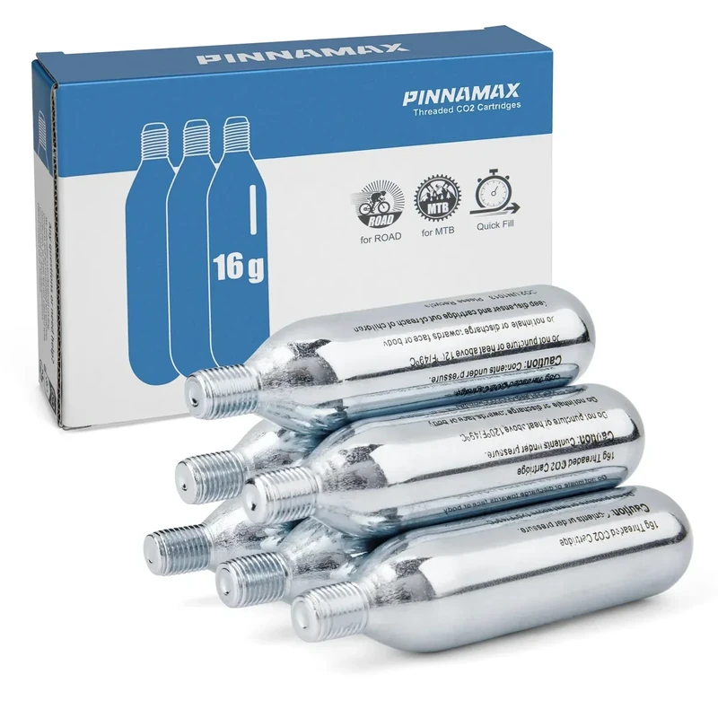 PINNAMAX CO2 Fahrradpumpe Set–CO2 Inflator mit 16g/25g CO2 Kartuschen–Kompakt, Leicht, Kompatibel mit Presta & Schrader Ventilen–Perfekt für Rennräder & MTB–Inkl.Schutzhülle (6x16g CO2 Kartuschen)