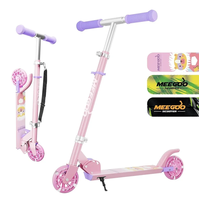MEE GOO Roller Kinder Aluminium Tretroller klappbar mit 3 Verstellbaren Höhen kinderroller für mit LED Räder Geschenke für 3+ Jungen und Mädchen (rosa)