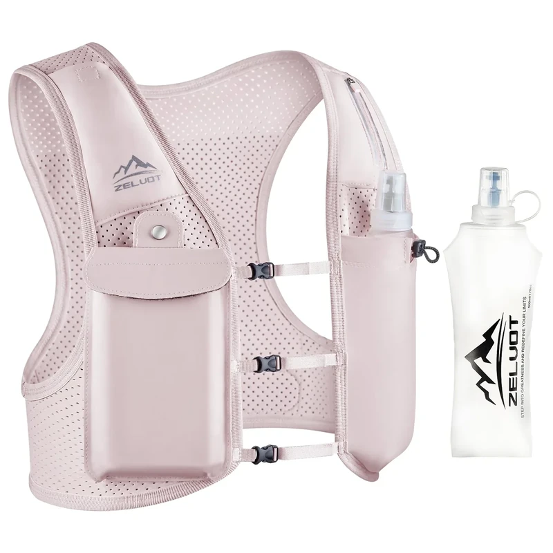 Zelvot Laufweste für Damen und Herren, Europäisches Originalpatent, Verstellbare Brustgurte, Trinkweste Laufen mit 500ml Wasserflasche, Reflektierender Trinkrucksack mit Handyhalterung (Rosa, M/L)