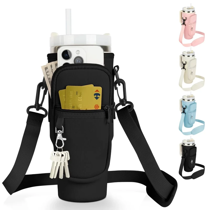 AYESY Tasche für Stanley Cup, 1.2L/40oz Stanley Cup Zubehör, Wasserflaschenhalter Stanley Cup Tasche Bag mit Handyfach, Karabiner und Verstellbarem Schultergurt Zum Reisen Wandern Laufen Radfahren