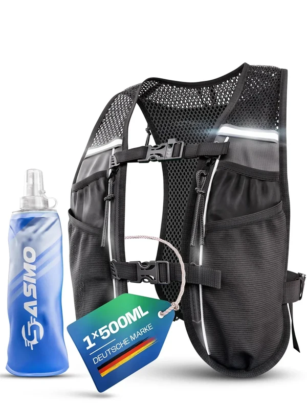 SASMO® Laufweste Damen & Herren 5L + 1x500 Soft Flask | Running Vest - Ultraleicht 270g & atmungsaktiv | Laufrucksack Damen - 8 Taschen | Laufweste Herren | Trinkweste Laufen | Trinkrucksack