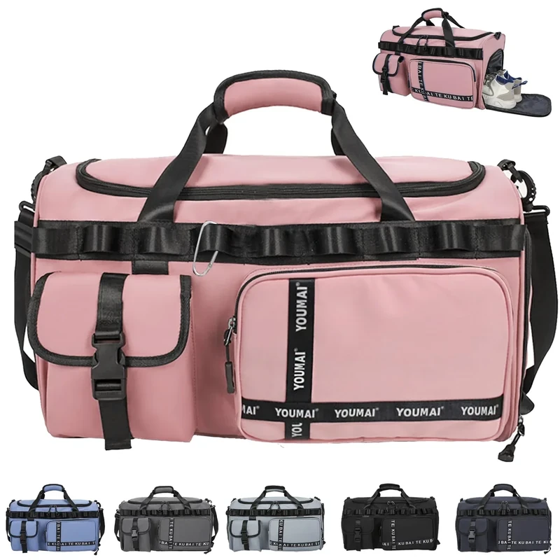 AUNGKWANG Reisetasche Damen Herren, 65L Wasserabweisende Sporttasche, Large Capacity Reise Tasche Gym Bag, mit Schuhfach und Nassfach, für Reisen, Fitness, Sport, Rosa