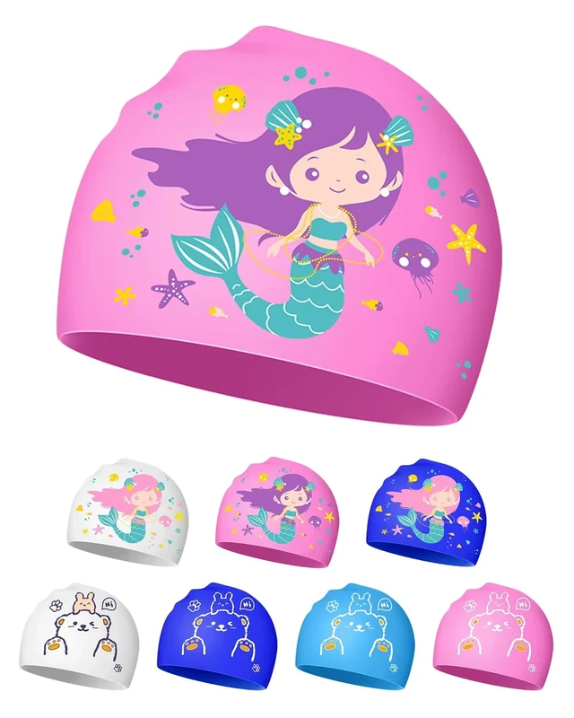 Badekappe für Kinder von 4-12 Jahren, wasserdichtes Silikon mit niedlichen Mustern (Rosa Seejungfrau)