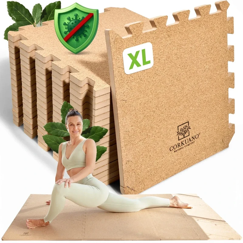 CORKUANO® Hygienische Premium Kork Fitnessmatte Gymnastikmatte Yogamatte - rutschfest gelenkschonend breit extradick (1,3cm) - XXL Fläche erweiterbar BPA frei - Erweiterungsset 6 Matten