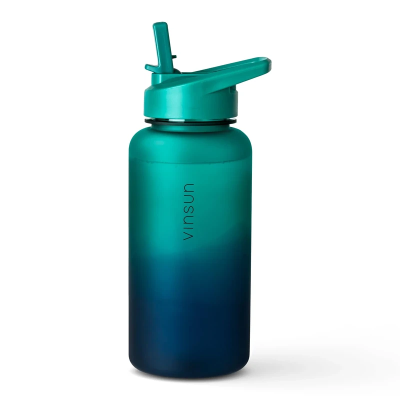VINSUN Sportflasche 1L Tritan mit Strohhalm Deckel - auslaufsicher, BPA frei - blaue grüne Trinkflasche für Kinder und Erwachsene - Wasserflasche für Sport, Schule, Arbeit