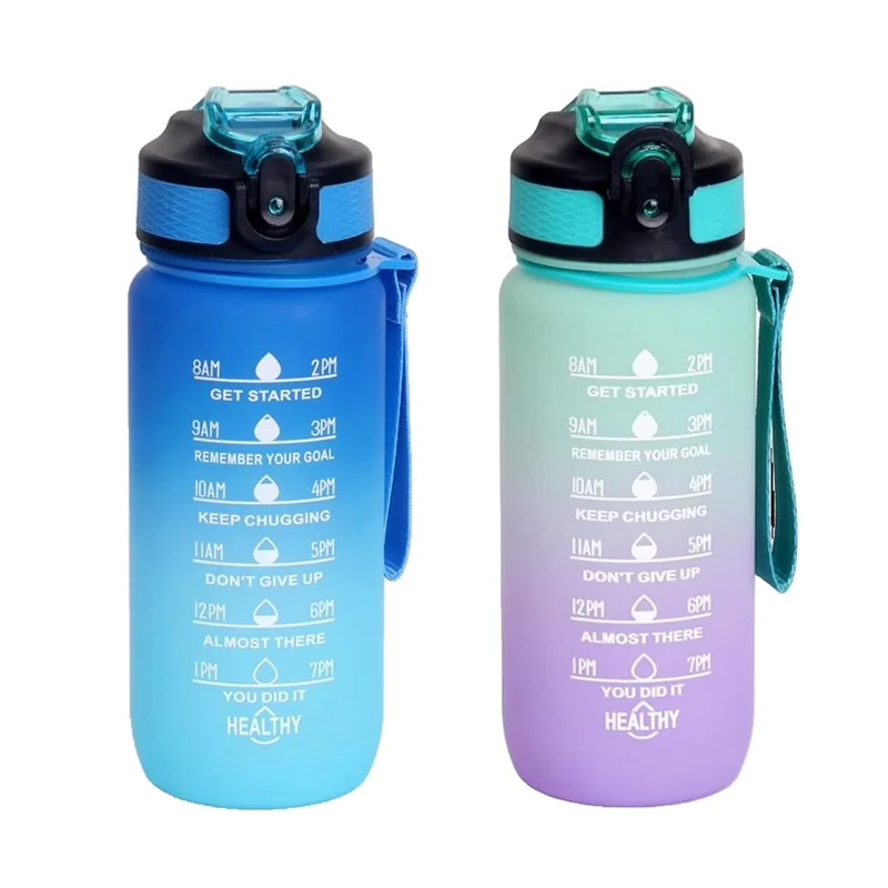 BierEx 2 Stück Trinkflasche 600ML, BPA-Frei Tritan Wasserflasche mit Strohhalm, Sport water bottle mit Zeitmarkierung für Fitness, Schule, Yoga, Outdoor (2 Stück Blau-Hellblau, Hellgrün-Lila)