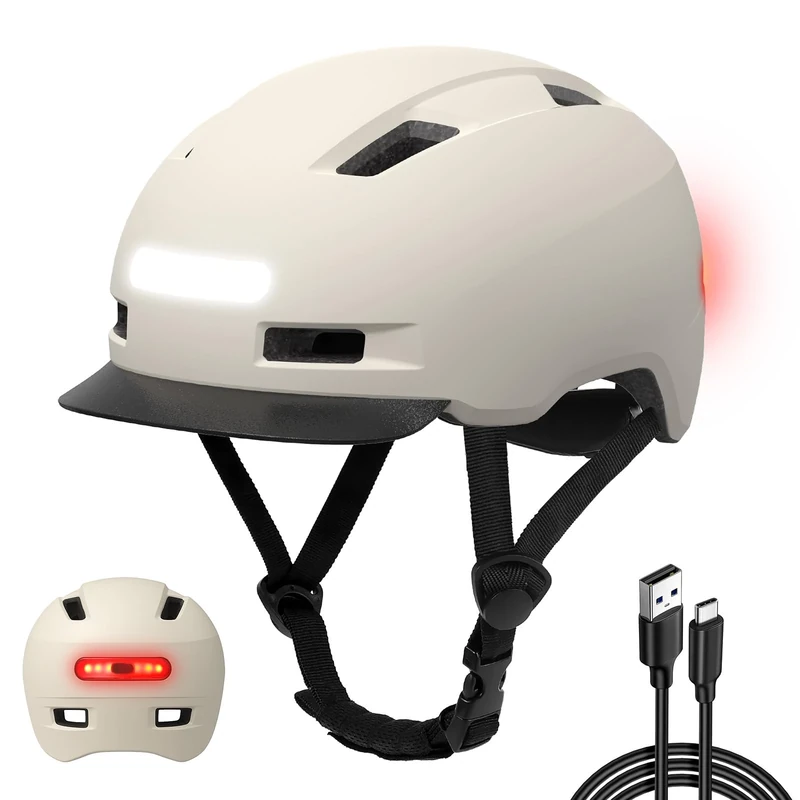 Shinmax Fahrradhelm Herren Damen, Helm Fahrrad mit USB Licht 5 Modi Fahrradhelm mit Visier, Mountainbike Helm Rennradhelm Erwachsen für Scooter Urban Pendler White-Gray M